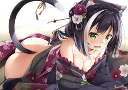 Rule 34 | 1girl, animal ear fluff, animal ears, ass, bare shoulders, black hair, black kimono, blush, breasts, butt crack, cat ears, cat girl, cat tail, cleavage, collarbone, commentary request, flower, green eyes, hair flower, hair ornament, japanese clothes, karyl (new year) (princess connect!), karyl (princess connect!), kimono, looking at viewer, lying, multicolored hair, natsume eri, no panties, off shoulder, on stomach, open mouth, princess connect!, print kimono, small breasts, solo, streaked hair, tail, wavy mouth, white hair
