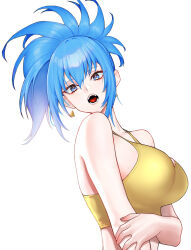 Rule 34 | 1girl, bare shoulders, blue eyes, blue hair, breasts, earrings, highres, holding own arm, jewelry, large breasts, leona heidern, matching hair/eyes, open mouth, ponytail, simple background, sleeveless, snk, solo, tank top, the king of fighters, the king of fighters xv, triangle earrings, white background, yellow tank top, yukimune