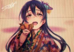 Rule 34 | 1girl, blue hair, blush, close-up, commentary request, floral print, flower, folding fan, hair between eyes, hair flower, hair ornament, hand fan, japanese clothes, kimono, long hair, looking at viewer, love live!, love live! school idol festival, love live! school idol project, open mouth, solo, sonoda umi, striped, striped background, suito, yellow eyes