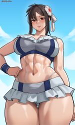 Rule 34 | 1girl, abs, absurdres, beach, bikini, blue sky, blush, breasts, brown hair, cromwellb, final fantasy, final fantasy vii, final fantasy vii rebirth, final fantasy vii remake, flower, hair flower, hair ornament, hand on own hip, highres, large breasts, long hair, looking at viewer, muscular, muscular female, red eyes, sky, smile, sweatband, swimsuit, thick thighs, thighs, tifa lockhart, tifa lockhart (shining spirit), toned