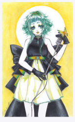 Rule 34 | 1girl, bug, butterfly, crayon (medium), dress, eyelashes, eyeshadow, gloves, green hair, gumi, hisekai, bug, jewelry, lips, lipstick, magnet (vocaloid), makeup, marker (medium), microphone, microphone stand, pale skin, short hair, signature, sleeveless, solo, traditional media, vocaloid