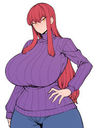 Rule 34 | 1girl, artist name, biriri (spacezin), breasts, commentary, creatures (company), denim, english commentary, flat color, game freak, gen 1 pokemon, hand on own hip, highres, huge breasts, jeans, long hair, nintendo, orange eyes, pants, personification, pokemon, red hair, ribbed sweater, sidelocks, signature, solo, spacezin, sweater, thick thighs, thighs, turtleneck, turtleneck sweater, upper body, voltorb