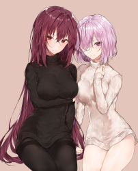 Rule 34 | 2girls, bad id, bad pixiv id, breasts, brown hair, fate/grand order, fate (series), highres, hplay, large breasts, long hair, looking at viewer, mash kyrielight, medium breasts, multiple girls, pantyhose, pink background, pink hair, purple eyes, red eyes, scathach (fate), simple background, sitting, sweater, thighs, very long hair