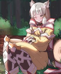 Rule 34 | 1girl, animal ear fluff, animal ears, blush, brown eyes, commentary, day, feet out of frame, forest, grey hair, highres, jumpsuit, juneplums, knees up, log, long sleeves, nature, nia (xenoblade), on grass, one eye closed, outdoors, puffy long sleeves, puffy sleeves, sheath, sitting, solo, tree, xenoblade chronicles (series), xenoblade chronicles 2, yellow jumpsuit
