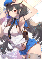 Rule 34 | 1girl, armpits, backpack, bag, black hair, bottle, breasts, grey thighhighs, hat, long hair, looking at viewer, midriff, necktie, one eye closed, original, pleated skirt, red eyes, skirt, sleeveless, solo, tajima ryuushi, thighhighs, twintails