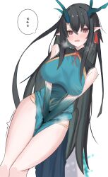 Rule 34 | 1girl, absurdres, arknights, black hair, blush, china dress, chinese clothes, dragon horns, dress, dusk (arknights), dutch angle, green dress, green hair, hands on own crotch, highres, horns, long hair, looking at viewer, multicolored hair, nui (nuinui0300), open mouth, pointy ears, purple eyes, sleeveless, sleeveless dress, solo, steam, streaked hair, two-tone hair, very long hair, wavy mouth