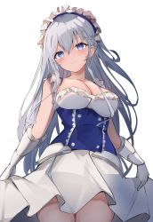 Rule 34 | 1girl, alternate costume, azur lane, belfast (azur lane), blue corset, blue eyes, blush, breasts, cleavage, commentary, corset, cowboy shot, enmaided, gloves, highres, large breasts, long hair, looking at viewer, looking down, maid, maid headdress, runep, silver hair, simple background, skirt, smile, solo, white background, white gloves, white skirt