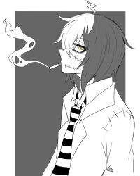 Rule 34 | 1boy, ahoge, bags under eyes, cigarette, highres, iamghostskull, jacket, monochrome, multicolored hair, necktie, original, sketch, smoking, stitched face, stitched mouth, stitches, yellow eyes