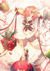 Rule 34 | 1girl, bell, blue eyes, box, breasts, dress, fate/grand order, fate/grand order arcade, fate (series), frankenstein&#039;s monster (christmas) (fate), frankenstein&#039;s monster (fate), gift, gift box, hair over eyes, headgear, highres, horns, jingle bell, large hat, mechanical horns, medium breasts, no-kan, pink hair, sack, short hair, single horn, smile, solo, staff, white dress, white headwear