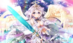 Rule 34 | 1girl, ahoge, angel wings, angelic link, blush, breasts, commentary request, detached sleeves, dress, grey hair, halo, holding, holding sword, holding weapon, large breasts, lens flare, long sleeves, looking at viewer, michael (angelic link), official art, pico (p i c o), purple eyes, smile, solo, sword, upper body, veil, weapon, white dress, wings, yellow wings