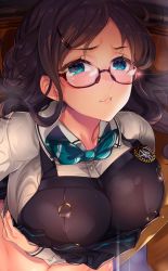 Rule 34 | 1girl, black hair, black skirt, blue bow, blue bowtie, blue eyes, blush, bow, bowtie, braid, breasts, clothes lift, collared shirt, copyright request, glasses, hair ornament, hair tie, hairclip, kuon michiyoshi, large breasts, lifted by self, long hair, long sleeves, looking at viewer, navel, panties, pink panties, pleated skirt, red-framed eyewear, school uniform, semi-rimless eyewear, shirt, shirt lift, skirt, skirt lift, solo, under-rim eyewear, underwear, upper body, white shirt