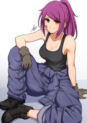Rule 34 | 1girl, airisubaka, bandaid, bandaid on face, blush, breasts, cleavage, collarbone, commentary, english commentary, gloves, hand on own knee, highres, leah (airisubaka), original, ponytail, purple hair, signature, simple background, smile, solo, tank top, white background, yellow eyes