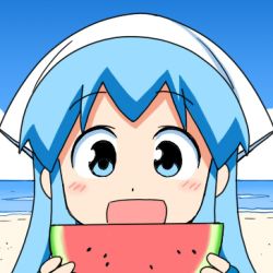 Rule 34 | 1girl, :d, anbe masahiro, beach, blue eyes, blue hair, blue sky, close-up, day, dot nose, food, fruit, hands up, holding, holding food, holding fruit, horizon, ikamusume, long hair, looking at viewer, lowres, ocean, official art, open mouth, outdoors, portrait, sand, shinryaku! ikamusume, sky, smile, solo, summer, tareme, upper body, water, watermelon, white headwear