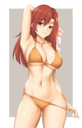 Rule 34 | 1girl, aozaki touko, arcie albano, arm behind head, arm up, arms up, bare arms, bikini, bikini pull, blush, breasts, clothes pull, collarbone, glasses, groin, hair between eyes, halterneck, highres, jewelry, kara no kyoukai, large breasts, long hair, navel, necklace, orange bikini, red eyes, red hair, solo, sweat, swimsuit, underboob