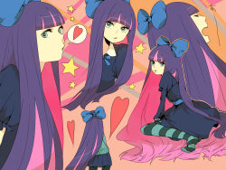 Rule 34 | absurdly long hair, aqua eyes, aqua sweater, bad id, bad pixiv id, blue dress, blue skirt, blunt bangs, bow, colored inner hair, dress, hair bow, heart, large bow, long hair, marui happa, multicolored hair, orange background, panty &amp; stocking with garterbelt, pink background, pink hair, purple hair, sitting, skirt, star (symbol), stocking (psg), striped clothes, striped thighhighs, sweater, thighhighs, very long hair