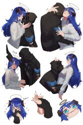 Rule 34 | 1girl, 1other, :3, :d, absurdres, arknights, black gloves, blue eyes, blue hair, blush stickers, couple, doctor (arknights), flying sweatdrops, gloves, halo, heart, highres, hood, hooded jacket, horns, hug, jacket, mask, mostima (arknights), najashi, open mouth, simple background, smile, white background
