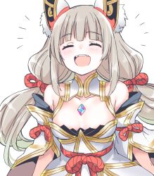 Rule 34 | 1girl, ^ ^, animal ear fluff, blush, closed eyes, dress, gold trim, grey hair, long hair, mizuki riko, nia (blade) (xenoblade), nia (xenoblade), open mouth, raised eyebrows, simple background, smile, solo, teeth, upper body, upper teeth only, white background, white dress, xenoblade chronicles (series), xenoblade chronicles 2