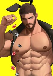 Rule 34 | 1boy, abs, bara, bare pectorals, black hair, black vest, chris redfield, closed mouth, facial hair, gr goden, highres, large pectorals, male focus, male playboy bunny, muscular, muscular male, navel, nipples, open clothes, open vest, pectorals, poker chip, rabbit, resident evil, short hair, solo, upper body, vest