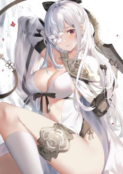 Rule 34 | 1girl, blush, breasts, cleavage, drag-on dragoon, drag-on dragoon 3, elbow gloves, flower, flower eyepatch, flower over eye, gauntlets, gloves, highres, holding, holding weapon, long hair, looking at viewer, medium breasts, panties, parted lips, red eyes, side-tie panties, side cape, socks, solo, suzuame yatsumi, thigh bands, thighs, underwear, wavy hair, weapon, white hair, white socks, zero (drag-on dragoon)