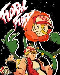 Rule 34 | ^ ^, black background, black gloves, blonde hair, cagney carnation, clenched hand, closed eyes, copyright name, cuphead, cuphead (game), closed eyes, fatal fury, fatal fury cap, fingerless gloves, flower, gloves, grin, hat, highres, male focus, mario (series), nintendo, piranha plant, pun, rariatto (ganguri), red vest, shirt, simple background, sleeveless, smile, super smash bros., sweat, teeth, terry bogard, the king of fighters, vest