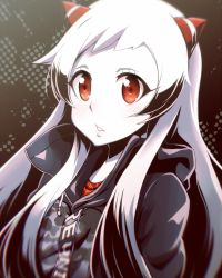Rule 34 | 10s, 1girl, abyssal ship, airfield princess, alternate costume, black jacket, clothes writing, colored skin, contemporary, eyelashes, highres, hood, hood down, hooded jacket, horns, jacket, kantai collection, long hair, looking afar, parted lips, pink lips, red eyes, sidelocks, solo, tanashi (mk2), tareme, upper body, white hair, white skin