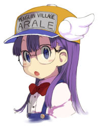 Rule 34 | 1girl, :o, blue eyes, blush, bow, clothes writing, dr. slump, glasses, hat, long hair, looking at viewer, norimaki arale, overalls, portrait, purple hair, shirabi, simple background, solo, white background, winged hat