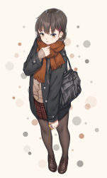 Rule 34 | 1girl, bag, black pantyhose, brown eyes, brown hair, fangxiang cuoluan, hair ornament, hairclip, highres, jacket, loafers, long hair, looking at viewer, original, pantyhose, pleated skirt, scarf, school uniform, shoes, skirt, sleeves past wrists, solo