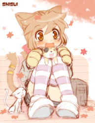 Rule 34 | 1girl, :3, animal ears, artist name, bag, blush stickers, brown eyes, brown hair, cat, cat ears, cat tail, eyepatch, fangs, o o, original, shisui, short hair, shorts, sitting, sketch, solo, striped clothes, striped thighhighs, tail, thighhighs