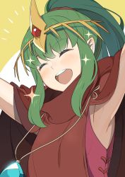Rule 34 | 1girl, armpits, bracelet, cape, fire emblem, fire emblem: mystery of the emblem, fire emblem heroes, green eyes, green hair, hair ornament, highres, hood, jewelry, kyufe, long hair, nintendo, one eye closed, open mouth, pointy ears, ponytail, simple background, smile, tiara, tiki (fire emblem), tiki (young) (fire emblem), white background