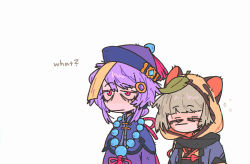 Rule 34 | 2girls, :|, animal hood, bead necklace, beads, black scarf, closed mouth, coin hair ornament, english text, genshin impact, grey hair, hair ornament, hat, highres, hood, jewelry, leaf, leaf on head, multiple girls, necklace, ofuda, purple hair, qingdai guanmao, qiqi (genshin impact), red eyes, sayu (genshin impact), scarf, simple background, smr03, talisman, upper body, white background