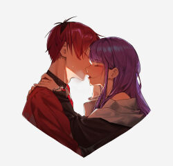Rule 34 | 1boy, 1girl, black robe, blush, bracelet, closed eyes, commentary request, cropped torso, fern (sousou no frieren), glint, hand on another&#039;s shoulder, hetero, highres, jacket, jewelry, kiss, kissing nose, lufi ays, multicolored hair, purple hair, red hair, red jacket, robe, roots (hair), simple background, sousou no frieren, stark (sousou no frieren), sweat, upper body, white background
