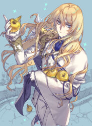 Rule 34 | 1boy, apple, armor, ascot, blonde hair, blue ascot, blue background, blue eyes, cape, cowboy shot, fate/grand order, fate (series), feathers, food, formal, fruit, gloves, golden apple, hair between eyes, holding, holding food, holding fruit, jacket, kirschtaria wodime, long hair, looking at viewer, male focus, na222222, pants, shirt, shoulder armor, smile, solo, sparkle, stone walkway, suit, vest, white cape, white gloves, white jacket, white pants, white shirt, white suit, white vest