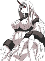 Rule 34 | 10s, 1girl, abyssal ship, bad id, bad pixiv id, breasts, claws, detached sleeves, dress, foreshortening, horns, kantai collection, large breasts, looking at viewer, pale skin, red eyes, ribbed dress, seaport princess, simple background, single horn, solo, tokoi, white hair