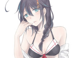 Rule 34 | 10s, 1girl, adapted costume, ahoge, bad id, bad pixiv id, bare shoulders, bikini, black hair, blue eyes, braid, breasts, collarbone, finger to mouth, hair flaps, hair ornament, hair over shoulder, kantai collection, long hair, looking at viewer, parted lips, portrait, shigure (kancolle), shigure kai ni (kancolle), shirt down, simple background, single braid, small breasts, solo, swimsuit, undressing, upper body, white background, yueko (nmyeuk)