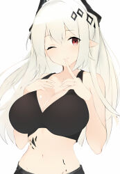 Rule 34 | 1girl, arknights, bare arms, bare shoulders, black horns, black sports bra, breast suppress, breasts, cleavage, closed mouth, cowboy shot, finger to mouth, hands on own chest, horns, large breasts, long hair, material growth, midriff, mudrock (arknights), navel, one eye closed, oripathy lesion (arknights), pointy ears, raifu (rf), red eyes, simple background, solo, sports bra, standing, unfinished, white background, white hair