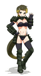 Rule 34 | 10s, 1girl, alligator snapping turtle (kemono friends), armor, armored boots, bikini, black thighhighs, blonde hair, boots, breasts, cleavage, cowfee, crocodilian tail, fingerless gloves, full body, gloves, green eyes, green hair, hand on own hip, highres, kemono friends, multicolored hair, navel, otakuevangelist, simple background, solo, swimsuit, tail, teeth, thighhighs, two-tone hair, v-shaped eyebrows, white background