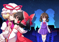Rule 34 | 3girls, ahoge, alternate hairstyle, black hair, blonde hair, blush, bow, brown eyes, brown hair, cityscape, closed eyes, collared shirt, commentary request, detached sleeves, dress, face-to-face, forest, frilled dress, frilled shirt collar, frills, glasses, hair between eyes, hair bow, hair tubes, hair up, hakurei reimu, hand on another&#039;s back, hat, hat ribbon, hug, kneehighs, long sleeves, looking at another, low twintails, maribel hearn, mob cap, multiple girls, nature, night, night sky, no headwear, plaid, plaid skirt, plaid vest, pleated skirt, puffy long sleeves, puffy sleeves, purple skirt, purple vest, red-framed eyewear, red shirt, red skirt, ribbon, ribbon-trimmed sleeves, ribbon trim, school uniform, semi-rimless eyewear, shiohachi, shirt, short hair, short ponytail, sidelocks, silhouette, skirt, sky, smile, socks, star (sky), starry sky, string, string of fate, tabard, touhou, twintails, under-rim eyewear, usami renko, usami sumireko, vest, white dress, wide sleeves, yakumo yukari