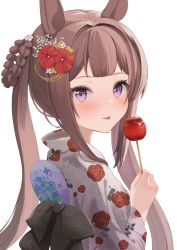 Rule 34 | 1girl, absurdres, animal ears, braid, braided hair rings, brown hair, candy apple, floral print, flower, food, hair flower, hair intakes, hair ornament, hair rings, hanazawa ma, hand fan, hand up, highres, holding, holding food, horse ears, japanese clothes, kimono, long hair, nail polish, paper fan, print kimono, purple eyes, red flower, red nails, simple background, solo, sweep tosho (umamusume), twintails, uchiwa, umamusume, upper body, white background, white flower, white kimono, yellow flower, yukata