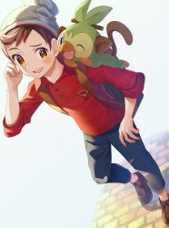Rule 34 | 1boy, :d, absurdres, beanie, brown eyes, brown footwear, brown hair, buttons, cable knit, collared shirt, commentary request, creatures (company), denim, game freak, gen 8 pokemon, grey headwear, grookey, hand up, hat, highres, jeans, male focus, nintendo, open mouth, pants, plaid, pokemon, pokemon (creature), pokemon swsh, red shirt, shirt, shoes, sleeves rolled up, smile, swept bangs, teeth, tongue, torn clothes, torn jeans, torn pants, upper teeth only, victor (pokemon), yupiteru