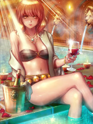 Rule 34 | 1girl, alcohol, aqua nails, arm at side, bad id, bad pixiv id, bandeau, bare shoulders, bathtub, bead necklace, beads, belly chain, bikini, black bikini, bottle, bowl, bracelet, breasts, brown hair, bucket, candle, chain, cleavage, closed mouth, coin, crossed legs, cup, drinking glass, eyelashes, fingernails, fire, fountain, glass, glint, glowing, gold, han seung lee, heart, heart necklace, highres, holding, jewelry, lamp, large breasts, legs, lens flare, light particles, light rays, light smile, lion, lipstick, long fingernails, looking at viewer, makeup, nail polish, navel, necklace, o-ring, o-ring top, off shoulder, on floor, open clothes, orange eyes, original, pavement, pendant, petals, pool, ripples, shiny skin, sitting, smile, soaking feet, solo, sparkle, statue, stomach, sunbeam, sunlight, swimsuit, wall, water, wine, wine bottle, wine glass