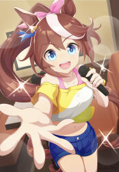Rule 34 | 1girl, animal ears, artist name, blue eyes, blue shorts, breasts, brown hair, casual, commentary request, cowboy shot, hair between eyes, hair ornament, highres, holding, holding microphone, horse ears, horse girl, karaoke, kenshin1015, long hair, looking at viewer, microphone, midriff, multicolored hair, navel, official alternate costume, open mouth, outstretched hand, partial commentary, ponytail, reaching, reaching towards viewer, short shorts, shorts, small breasts, solo, sparkle, streaked hair, teeth, tokai teio (umamusume), umamusume, upper teeth only, white hair