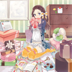Rule 34 | 1girl, blue eyes, bow, brown hair, calendar, calendar (object), camisole, chest of drawers, chocolate, covering face, covering own mouth, covering privates, eihi, gift, hair bow, jacket, long hair, original, pencil, pillow, ribbon, scissors, sitting, solo, thighhighs, valentine, yellow thighhighs