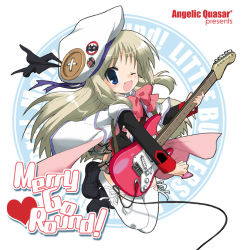 Rule 34 | 1girl, bow, buttons, cape, electric guitar, fang, guitar, hat, hizuki yayoi, instrument, large buttons, little busters!, long hair, noumi kudryavka, one eye closed, pink bow, plaid, plaid skirt, silver hair, skirt, solo, thighhighs, wink