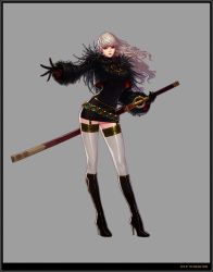Rule 34 | 00s, 1girl, belt, black gloves, boots, breasts, dress, dungeon and fighter, earrings, female slayer (dungeon and fighter), fingerless gloves, fur trim, garter straps, gloves, high heels, jewelry, long hair, looking at viewer, official art, red eyes, sheath, shoes, short dress, simple background, slayer (dungeon and fighter), solo, sword, thigh boots, thighhighs, unsheathing, very long hair, weapon, white hair, white thighhighs