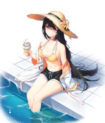 Rule 34 | 1girl, bai winchester, bare shoulders, bikini, black hair, black shorts, breasts, cleavage, closed mouth, closers, collarbone, drawstring, flower, food, halterneck, hat, hat flower, heterochromia, highres, holding, holding food, ice cream, ice cream cone, jacket, large breasts, long hair, looking at viewer, multi-strapped bikini, navel, non-web source, off shoulder, official art, open clothes, open jacket, orange bikini, pink eyes, poolside, purple eyes, short shorts, shorts, sitting, smile, soaking feet, solo, stomach, straw hat, string bikini, swimsuit, thighs, very long hair, water, white jacket