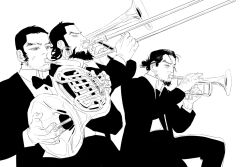Rule 34 | 3boys, beard, beard stubble, bow, bowtie, chengongzi123, coat, collared shirt, earrings, facial hair, french horn, golden kamuy, greyscale, hair bun, hands up, highres, holding, holding instrument, instrument, invisible chair, jewelry, kiroranke, long sleeves, looking at object, male focus, monochrome, multiple boys, music, pants, playing instrument, rikimatsu ariko, scar, scar on face, shirt, short hair, sideburns, simple background, sitting, stubble, tanigaki genjirou, trombone, trumpet, upper body, very short hair, white background