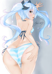 Rule 34 | 1girl, annoyed, ass, ass grab, ayuman, bare shoulders, bikini, blue hair, blush, breasts, deep skin, from behind, hair ribbon, highres, huge ass, king&#039;s raid, long hair, looking at viewer, looking back, open mouth, ribbon, shiny skin, sideboob, small breasts, solo, sonia (king&#039;s raid), striped bikini, striped clothes, swimsuit, twintails, very long hair, yellow eyes