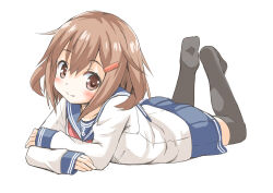 Rule 34 | 1girl, black thighhighs, blue sailor collar, blue skirt, blush, brown eyes, brown hair, closed mouth, fang, feet up, fujishima shinnosuke, full body, hair between eyes, hair flaps, hair ornament, hairclip, hand on own arm, ikazuchi (kancolle), kantai collection, long sleeves, looking at viewer, looking to the side, lying, medium hair, miniskirt, no shoes, on stomach, pleated skirt, sailor collar, sailor shirt, school uniform, serafuku, shirt, sideways glance, simple background, skirt, sleeves past wrists, smile, thighhighs, white background, white shirt