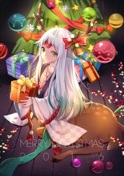 Rule 34 | 1boy, 2016, akuma (ogino-m), antlers, bell, bow, box, centauroid, christmas lights, christmas ornaments, christmas tree, collarbone, gift, green eyes, holding, holding box, holly, horns, indoors, jewelry, kojikadan, looking at viewer, male focus, merry christmas, monster boy, necklace, onmyoji, red bow, sitting, snowflakes, solo, star (symbol), taur, twitter username, white hair, wide sleeves