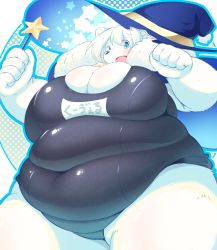 Rule 34 | 1girl, artist request, bear, blue eyes, borrowed character, furry, hat, highres, kishibe, open mouth, polar bear, school swimsuit, swimsuit, white hair, witch hat